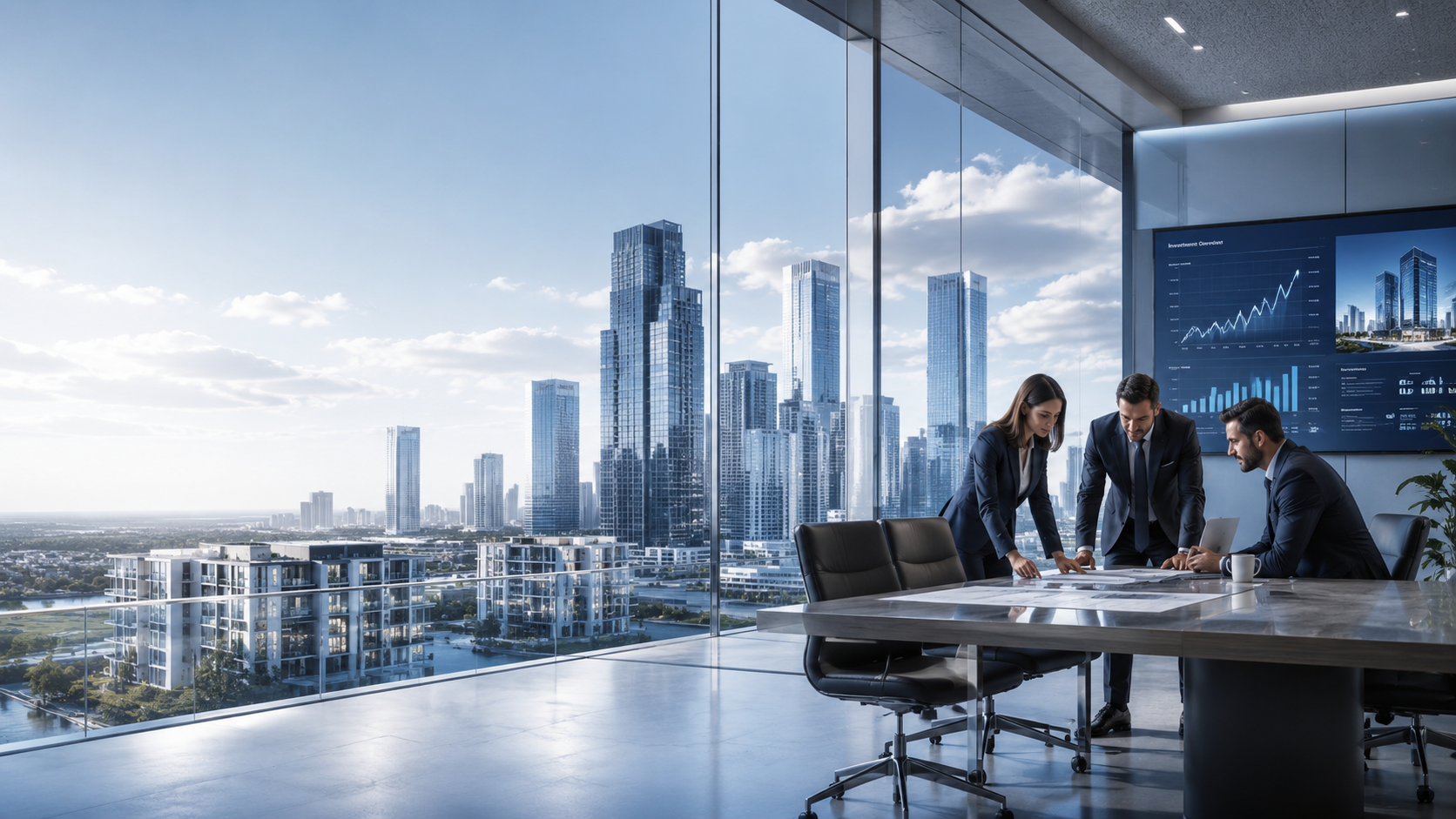 Investment professionals reviewing plans in a modern office overlooking a city skyline